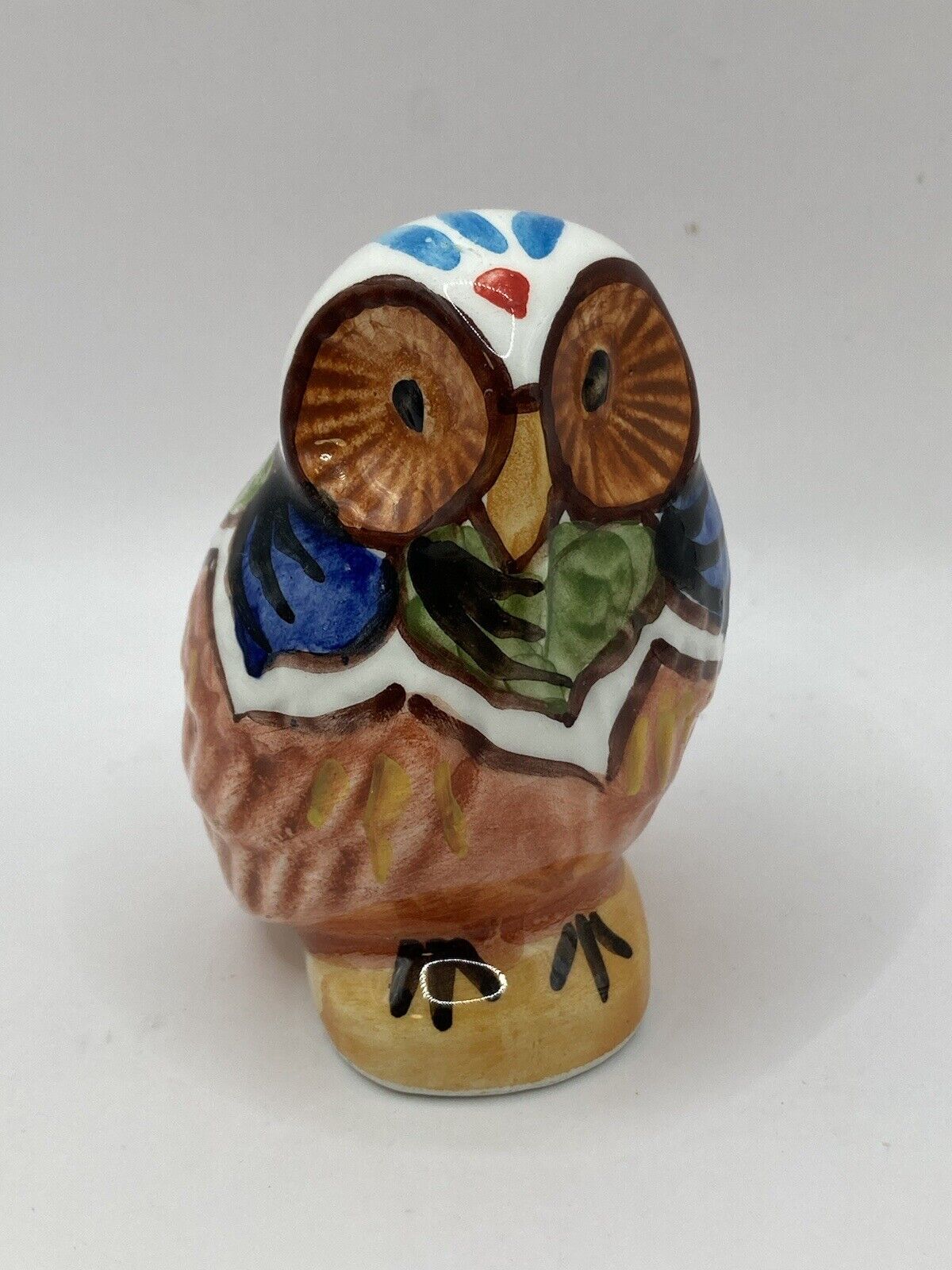 Vintage Ceramic Hand Painted Multi-Colored Owl Figurine. 3.5” Tall Artist Signed