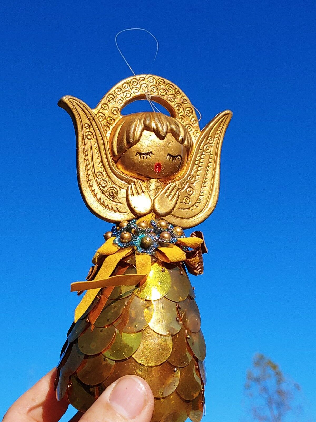 Vintage Praying Angel Mermaid Dress Sequins GOLD PEARL Christmas Ornament ❤️J8