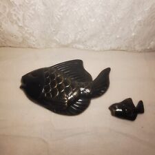 Vtg MCM Mid Century Modern Chalkware Pair Happy Fish Wall Plaque Black and Gold picture