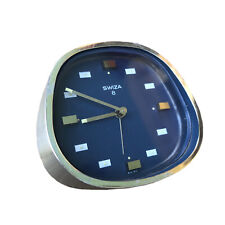 Vintage Midcentury SWIZA 8 Alarm Clock Brushed Aluminum Chrome Blue Geometric  picture