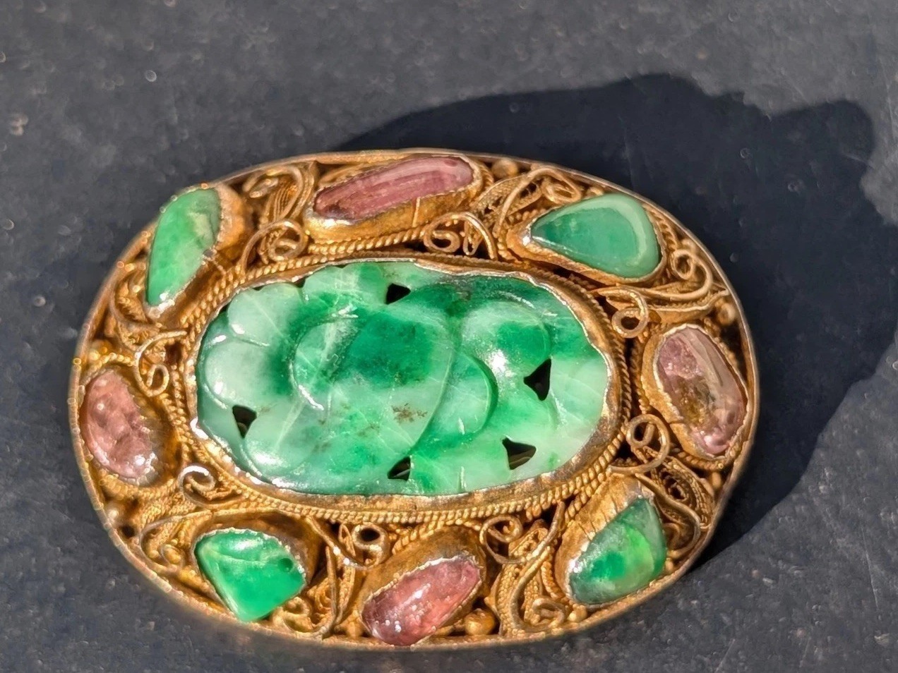 Antique Chinese Export Silver Filigree Jade Jadeite Pink Tourmaline Brooch