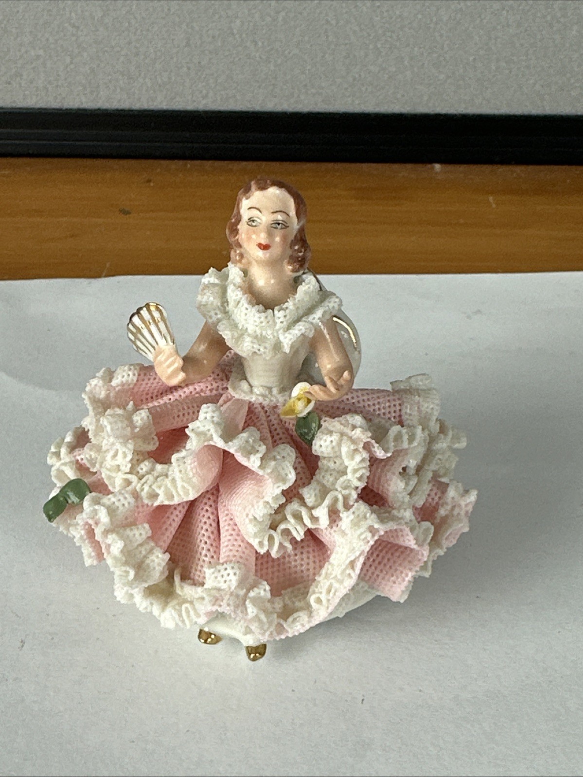 Vintage German Dresden Lace & Porcelain Figurine; Victorian Lady In Chair 3"