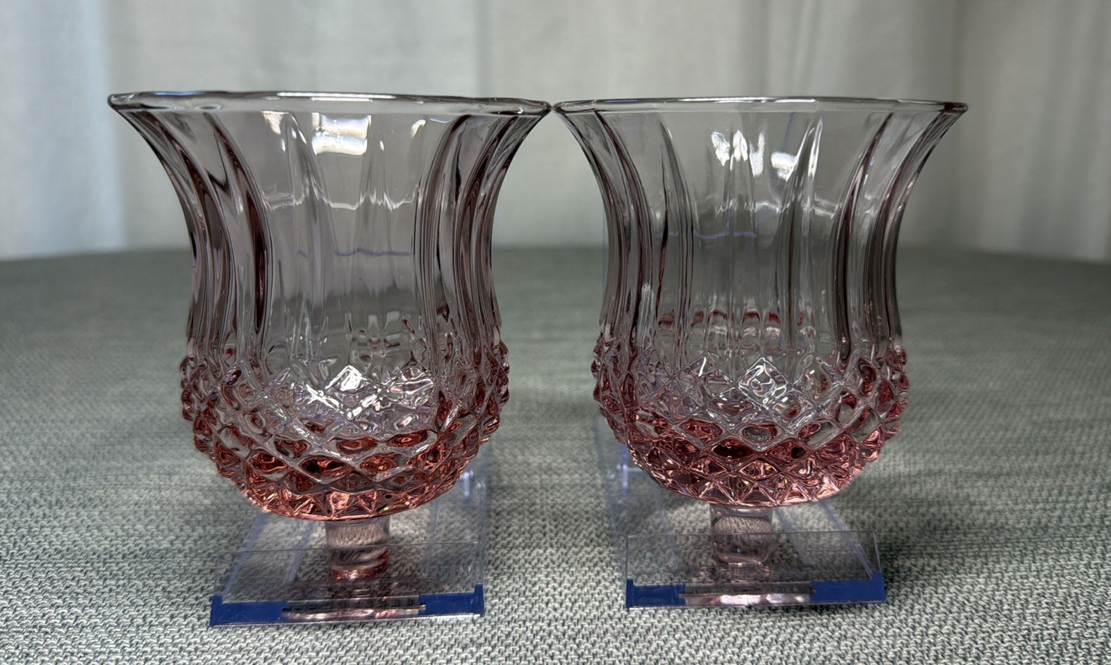 Vtg. Pink Lilac Diamond Point/Ribbed Peg Votive Candle Holders Set of 2