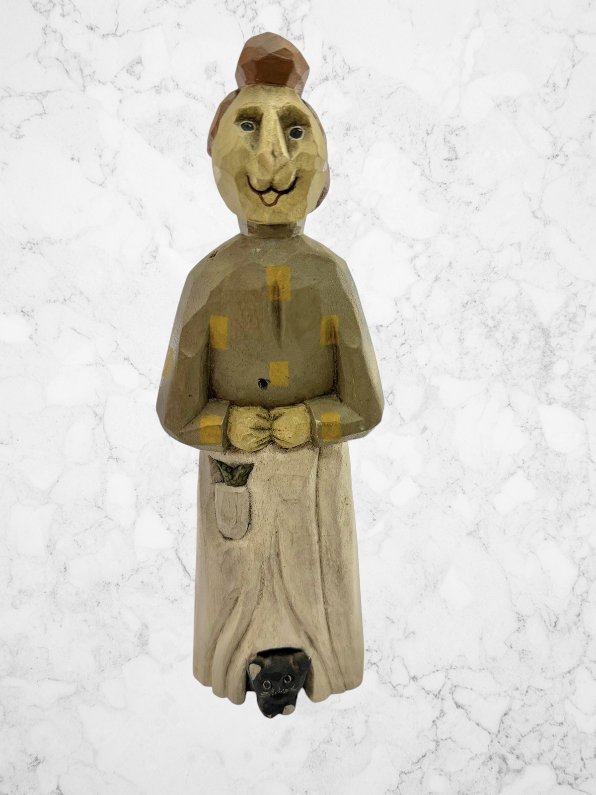 Vintage Larry Koosed 1987 Folk Art Hand Carved Sculpture Woman Cat Country READ