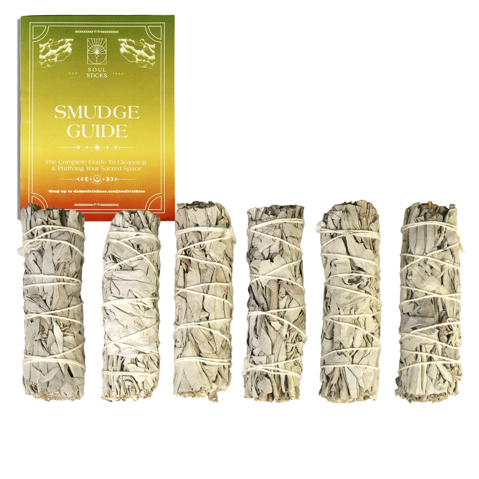 Sage Smudge Sticks 4" White Sage 6 Pack with Smudge Guide Cleansing