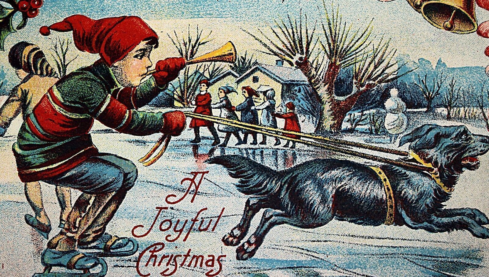 c.1910 Children Skating with Dogs Christmas Postcard Color Lithograph #74