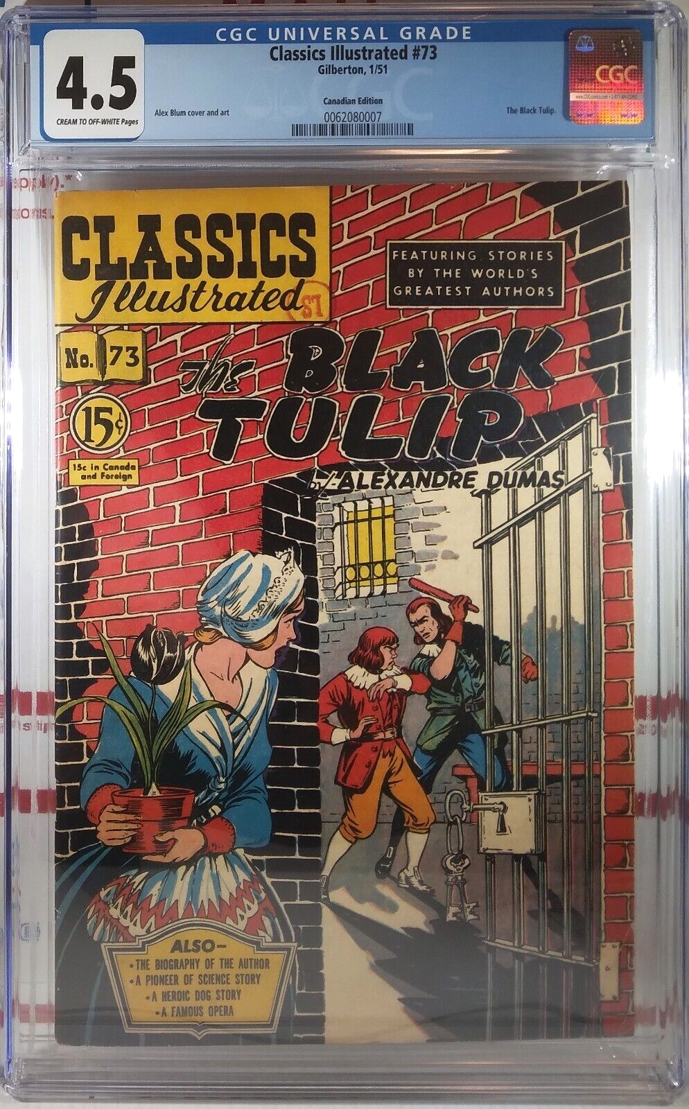 💥 CGC 4.5 CLASSICS ILLUSTRATED #73 🍁 CANADIAN 15¢ EDITION The Black Tulip 1951