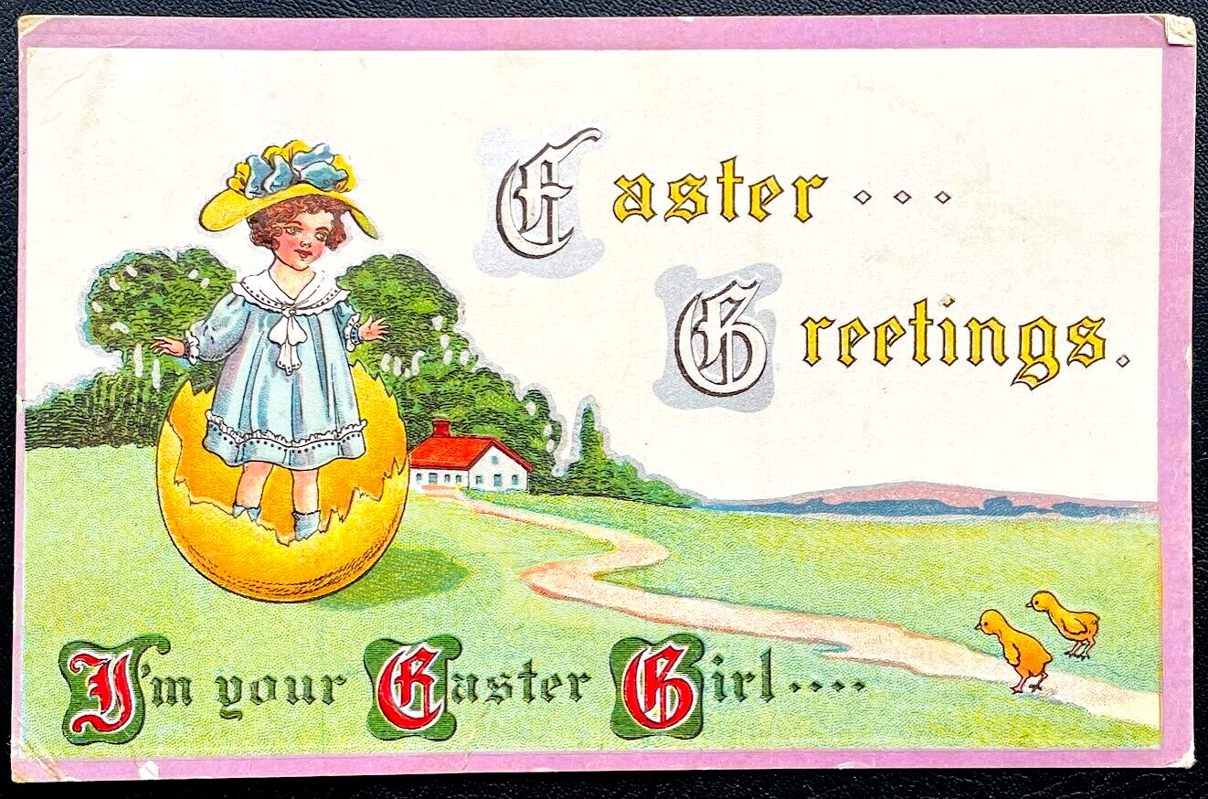 1915 Antique EASTER Greetings Postcard Vintage Postmarked Card Cartoon Girl Kid