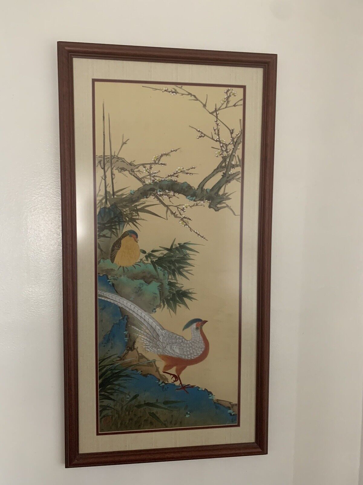 Chinese Painting On Silk~Two Birds On A Plum Tree Signed~Large 38”/19.5”