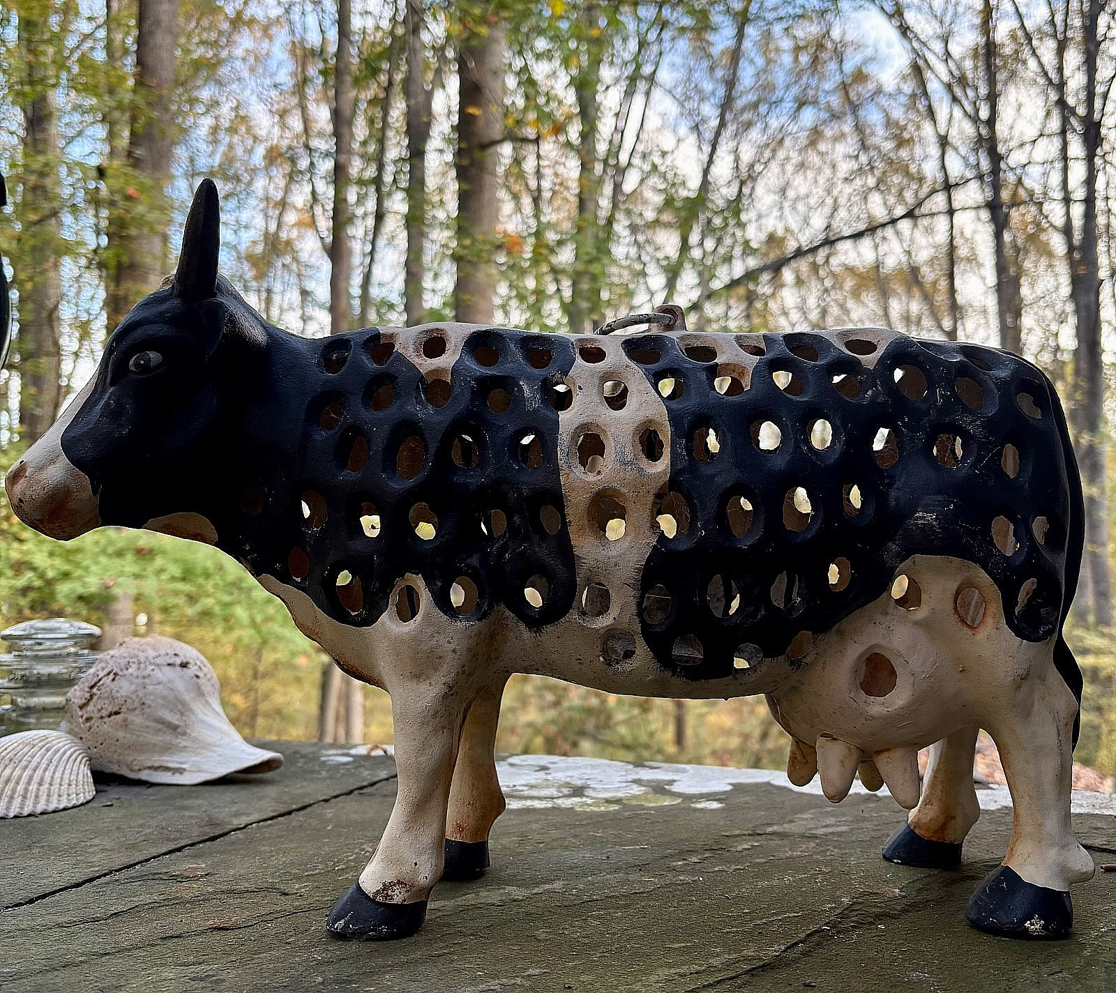 Rare Vintage Japanese Cast Iron Holstein Cow Lantern Garden Candle Holder 17.5"