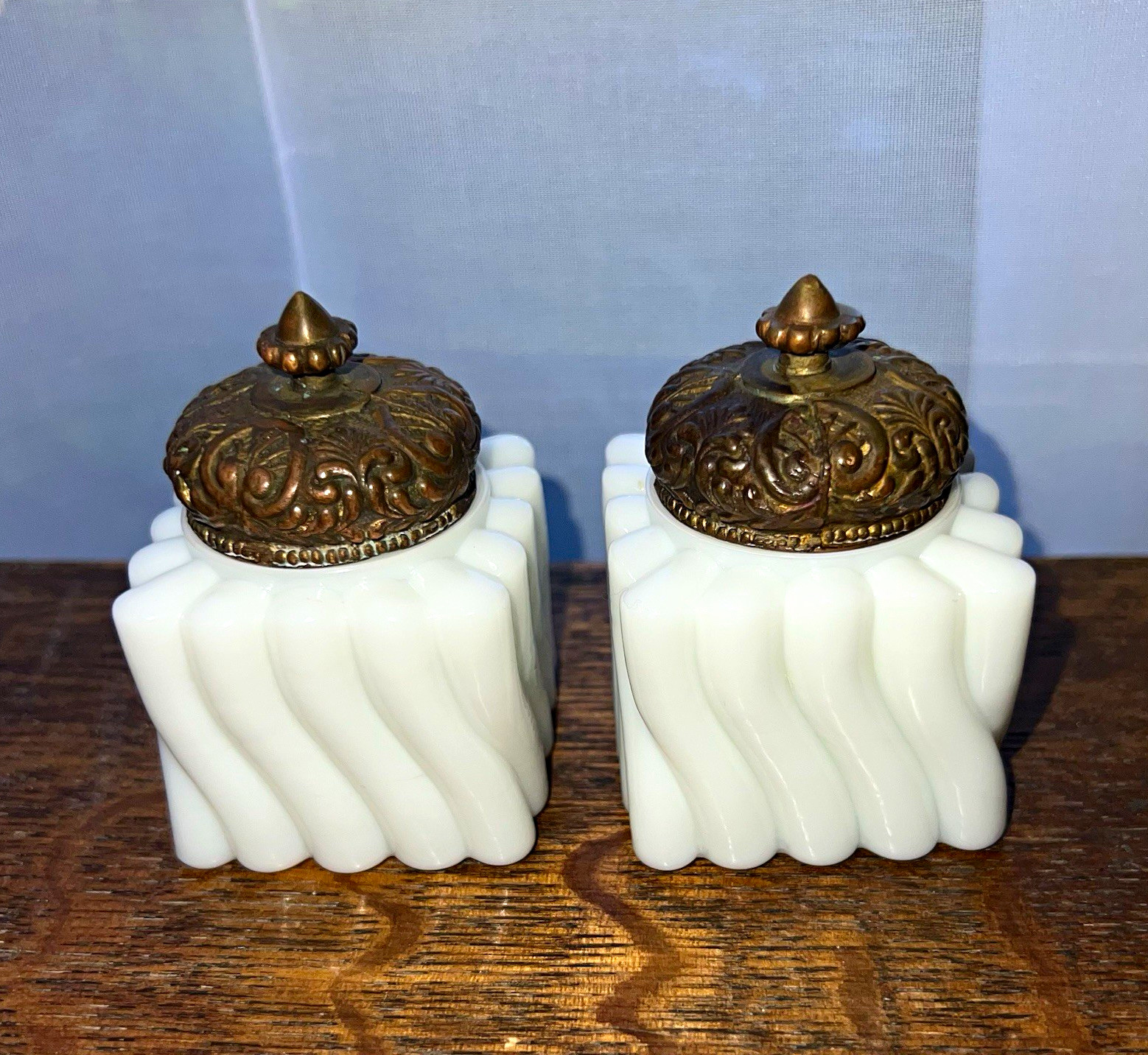 Antique Anchor S. P. Co. Pair White Milk Glass Ink Wells with Ornate Metal Lids