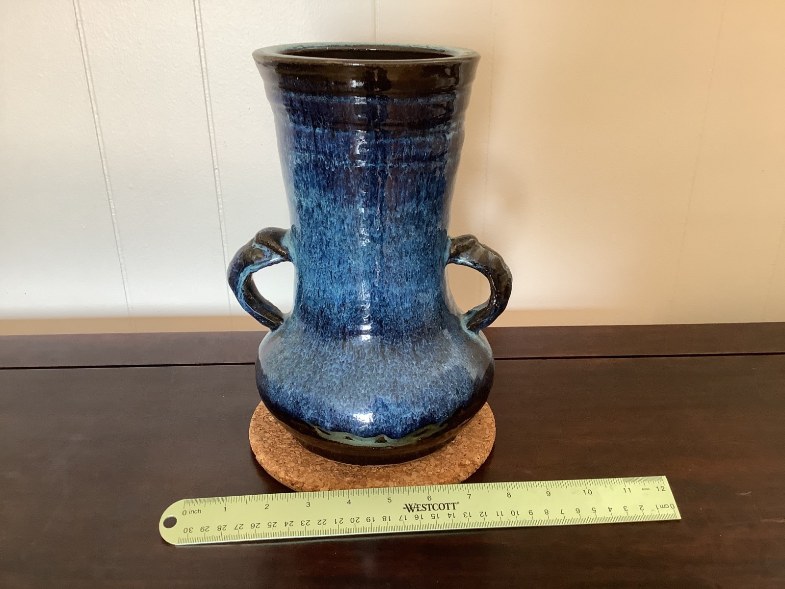 Chinese Blue Flambe Glaze Double Handle Vase, Antique Bronze Style