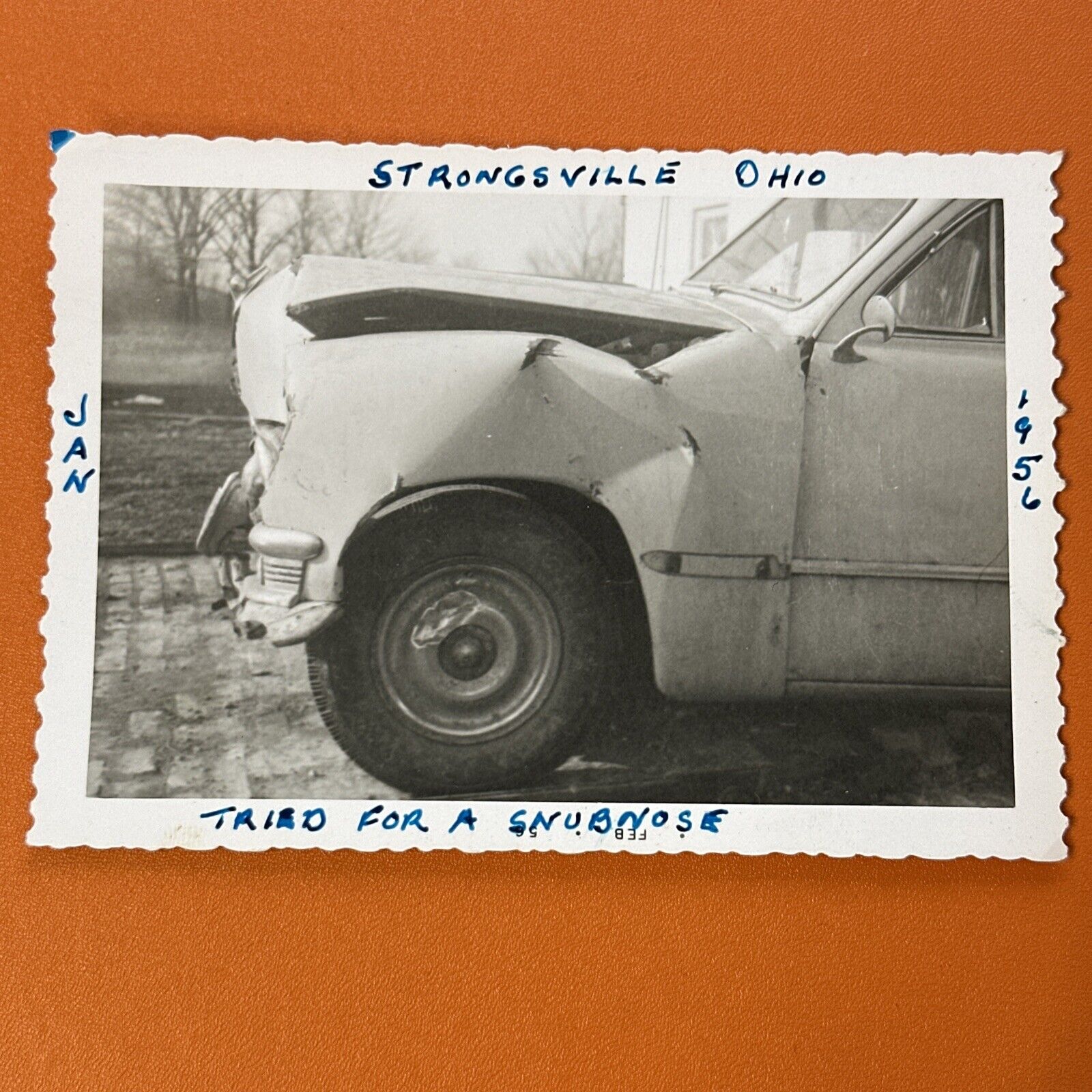 VINTAGE PHOTO Strongsville, Ohio 1956 car accident caption Captioned Original