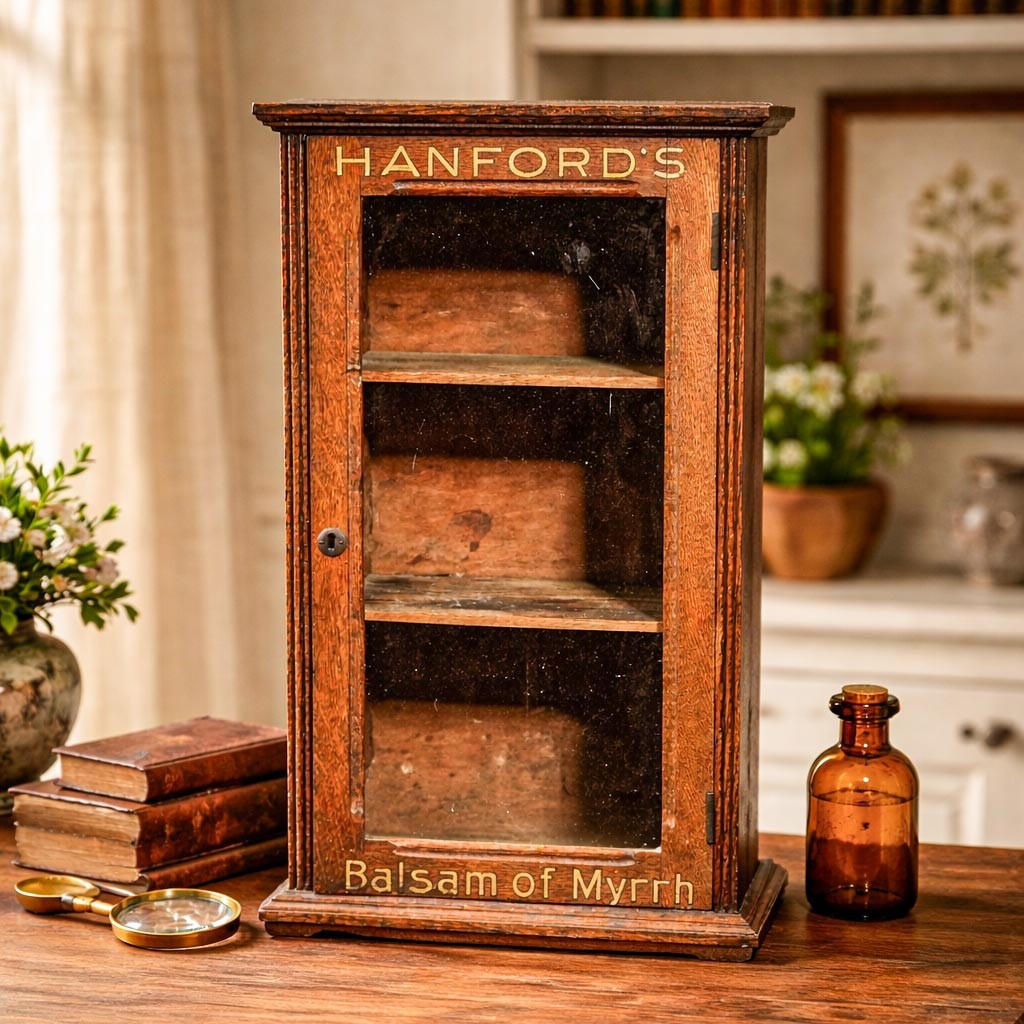Rare Original Hanford’s Balsam Myrrh Medicine Advertising Store Display Cabinet Rare Original Hanford’s Balsam Myrrh Medicine Advertising Store Display Cabinet