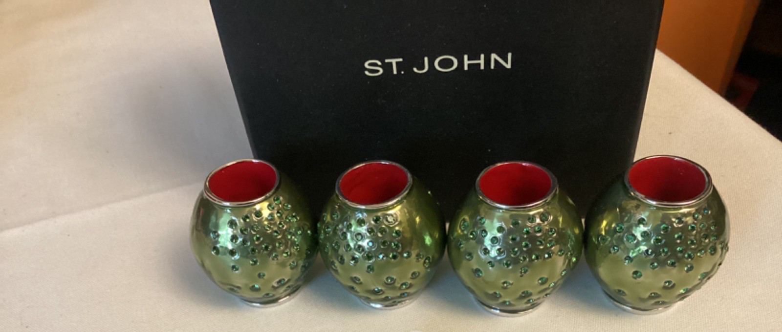 ST JOHN KNIT HOME HOLIDAY APPETIZER GREEN AND RED TOOTHPICK HOLDERS. VINTAGE. (4