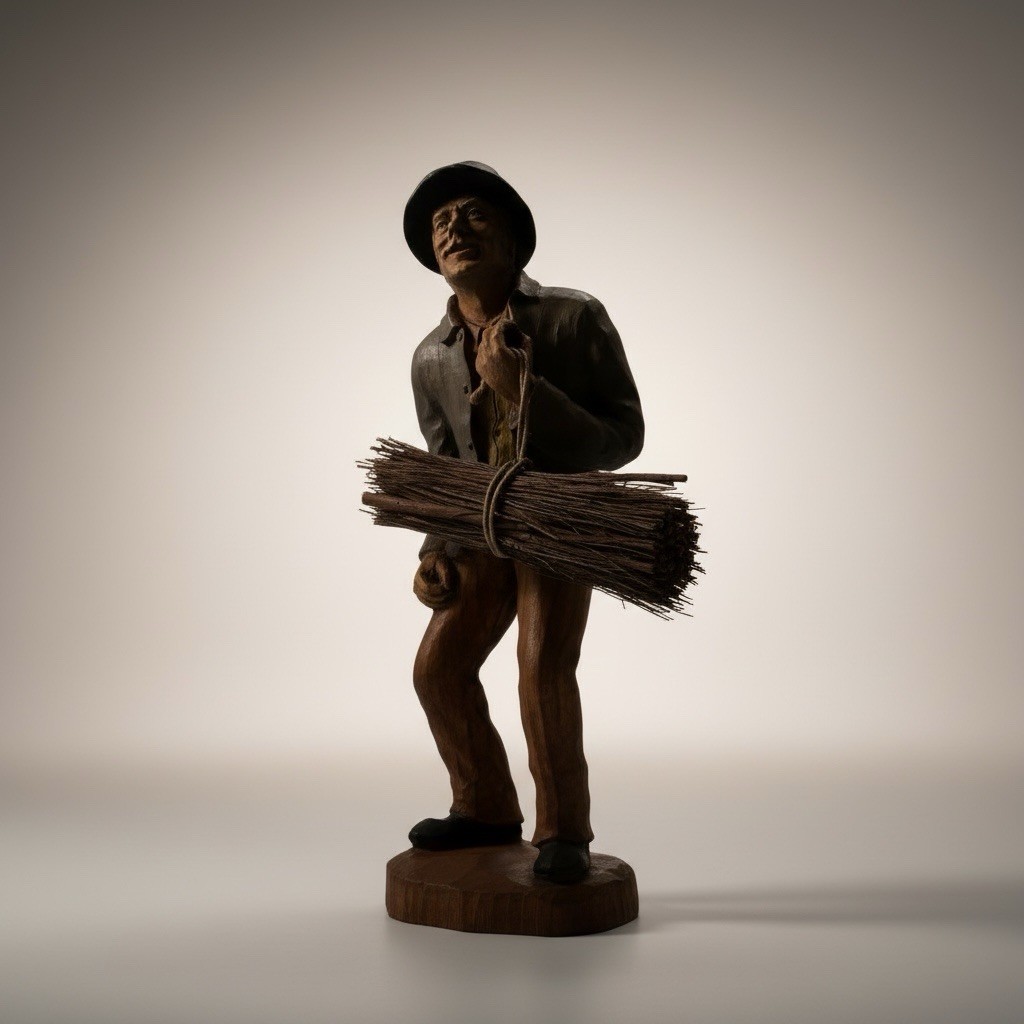 Vintage Hand Carved Wooden Man Figurine Folk Art Sculpture Bundle Sticks 13.5”