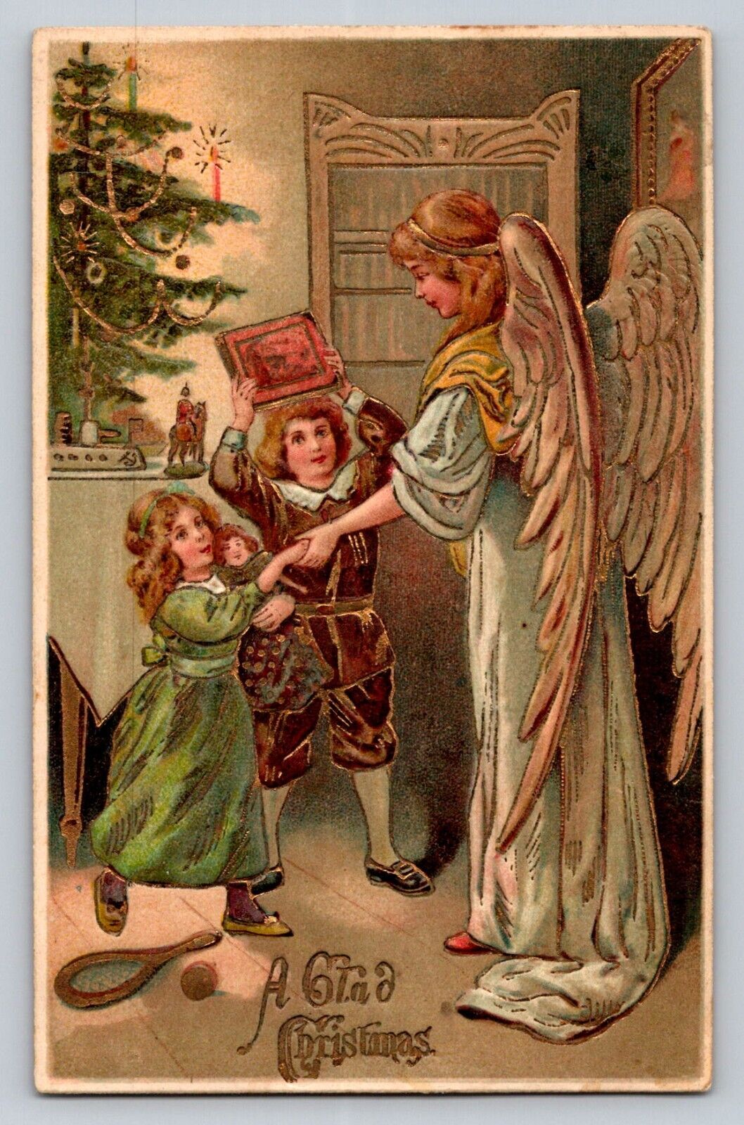 c1910 Children Angel Tree Candles Ornaments Doll Germany Merry Christmas P589