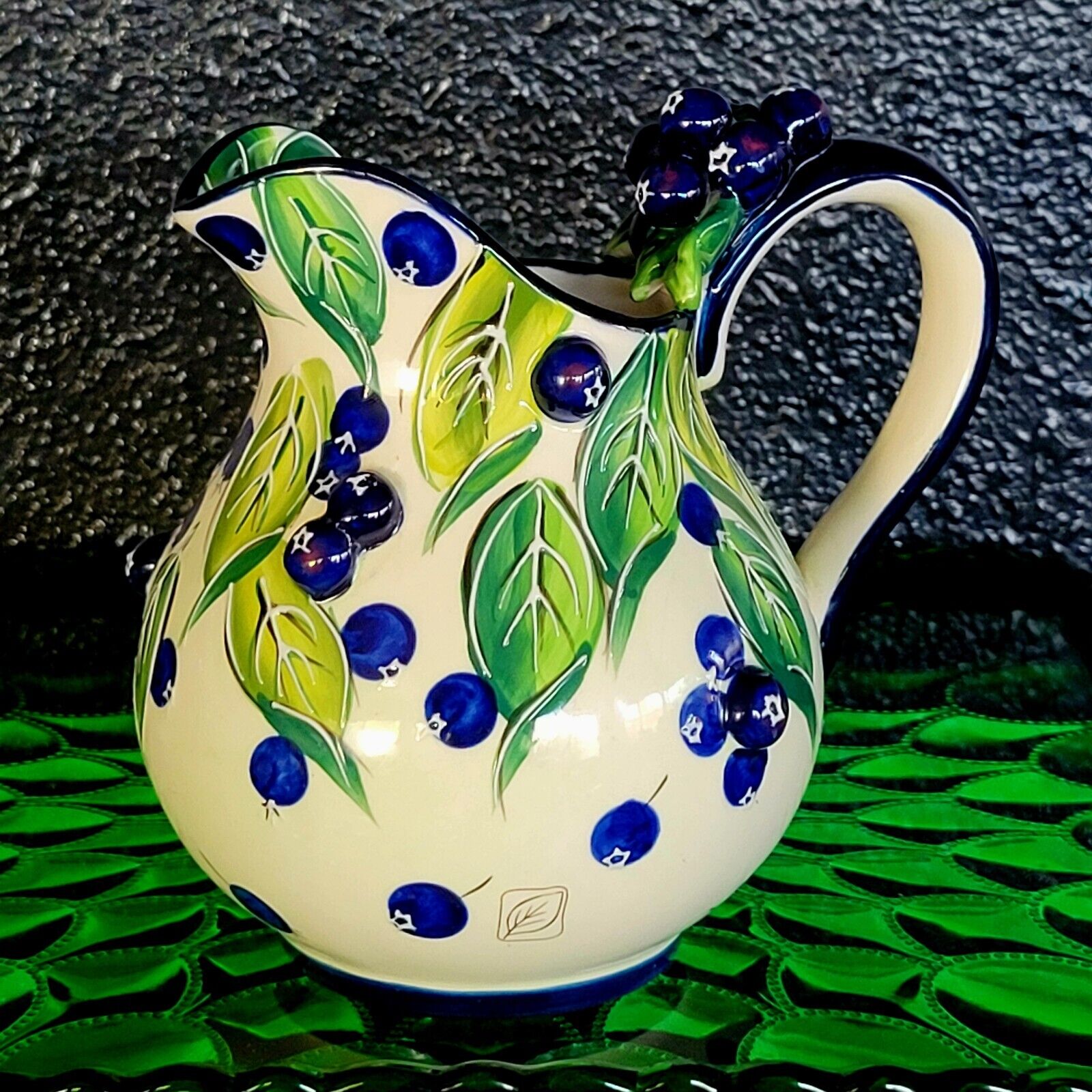 J. McCall Pitcher Creamer Blueberries Blue Sky 2004 Handpainted Floral Clayworks