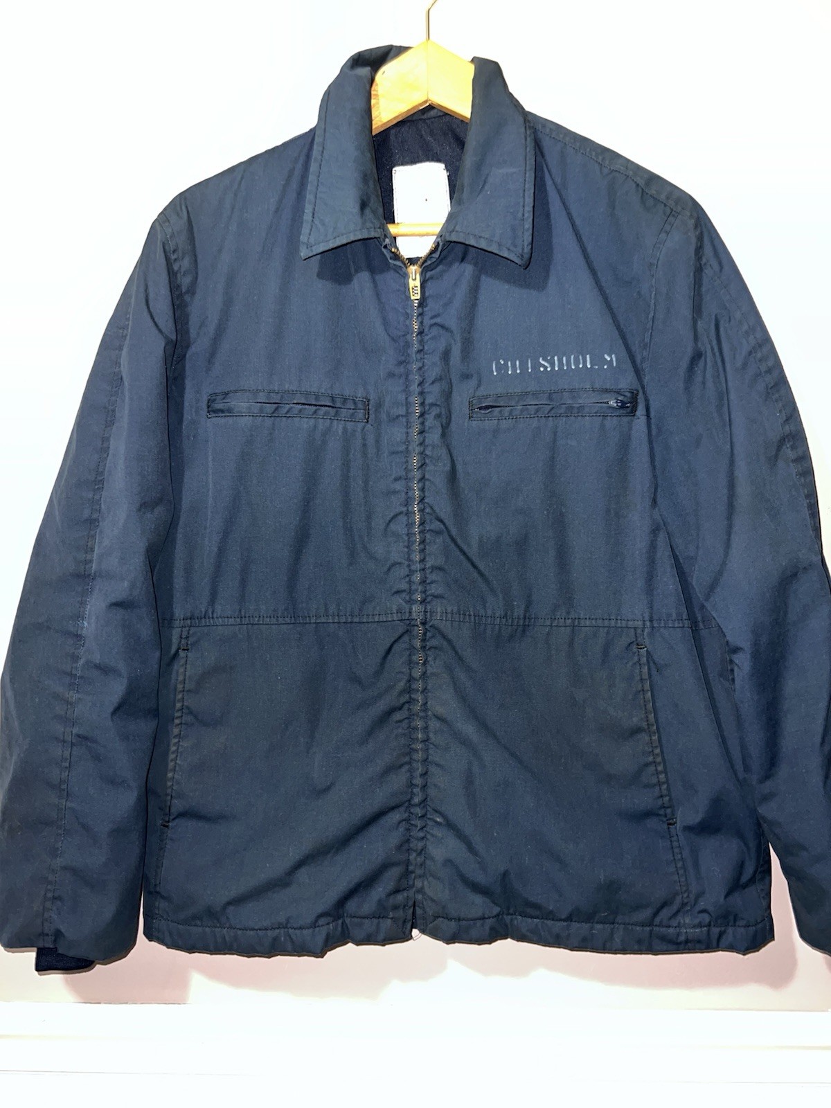 VINTAGE MILITARY US NAVY DARK BLUE UTILITY DECK JACKET 42R w/ stencil