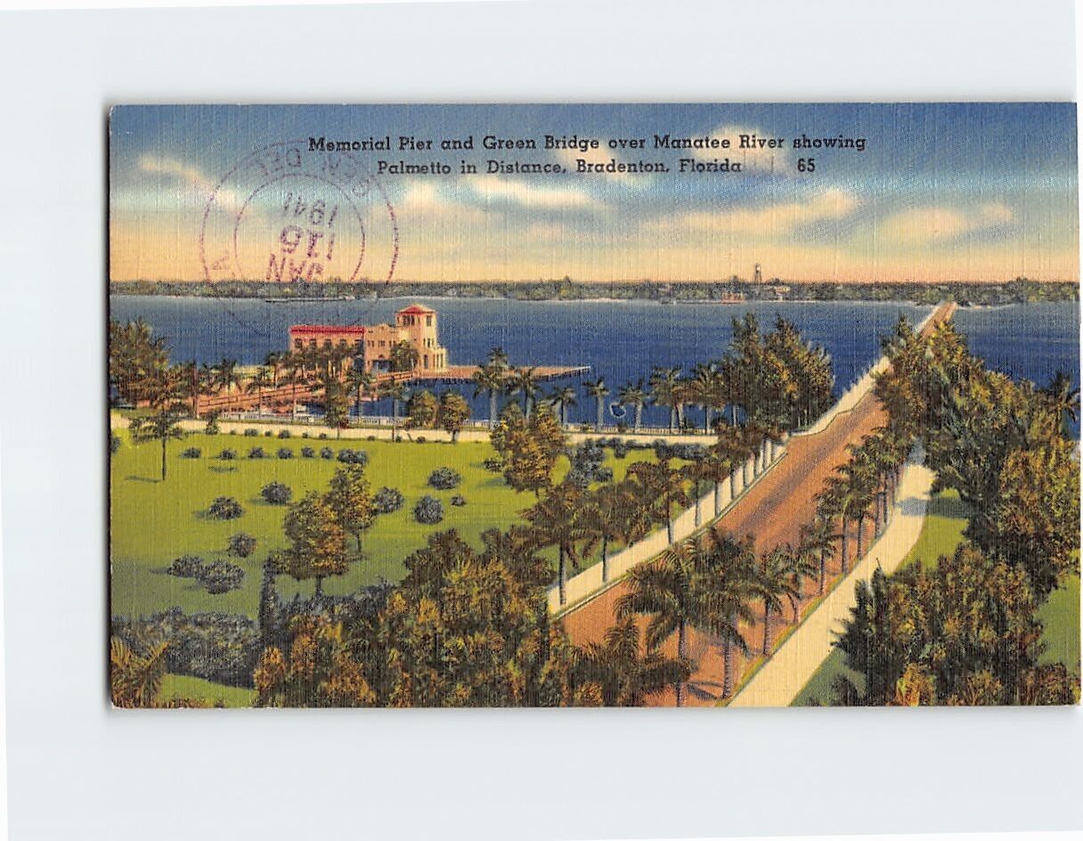 Postcard Memorial Pier & Green Bridge over Manatee River Bradenton Florida USA