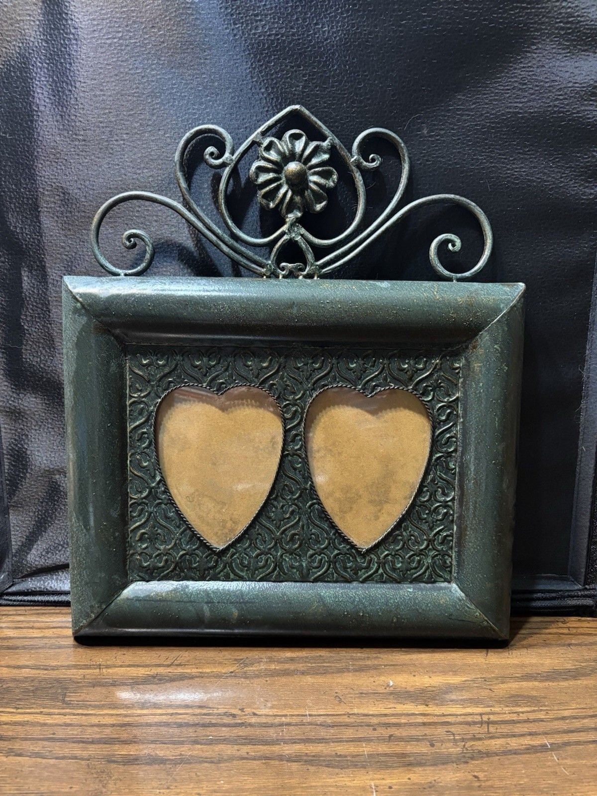 Vintage Three Hands Corp. Verdigris Metal Double Heart Wall Frame-Ornate 14x 17"