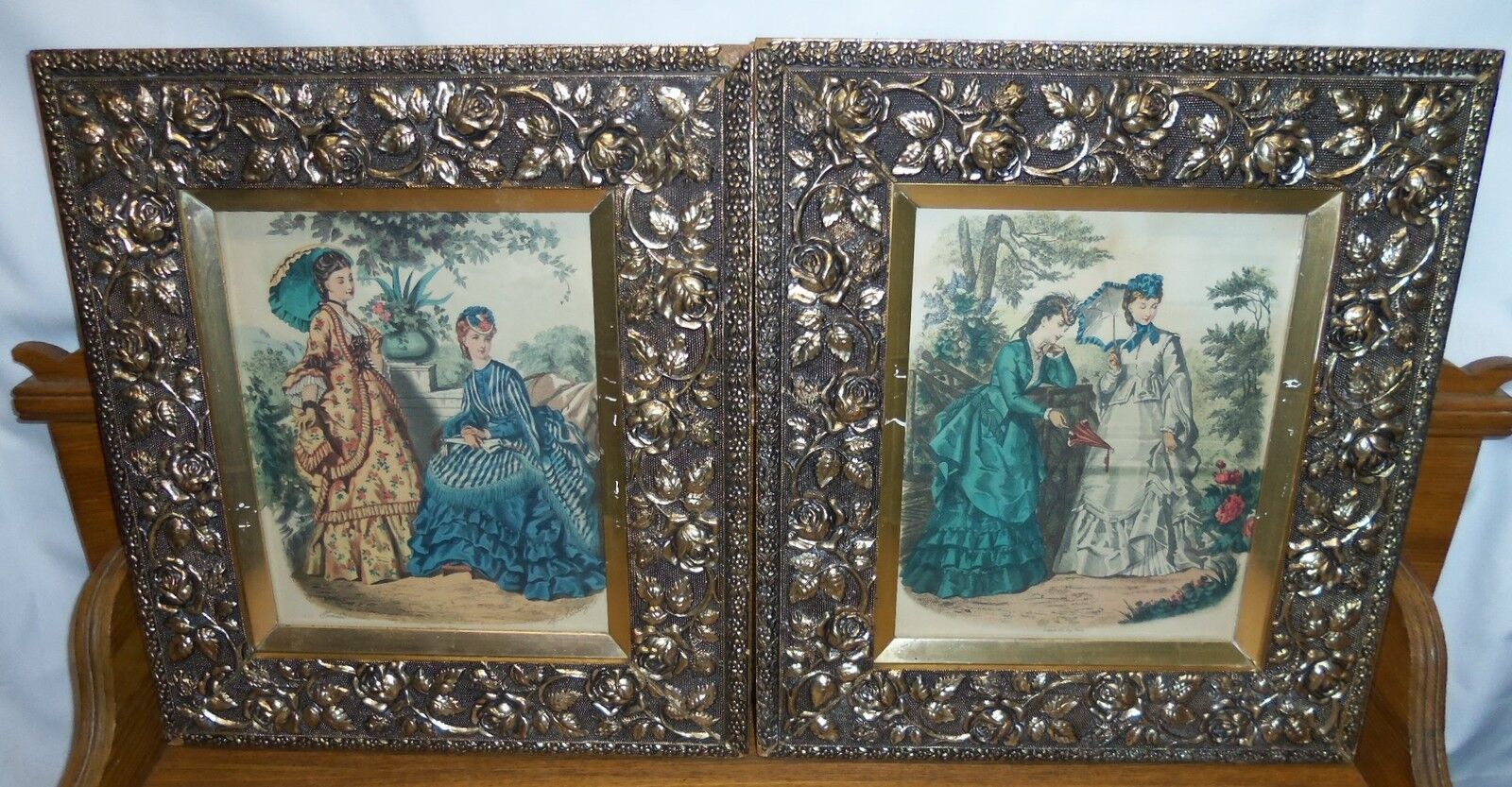 Pair of Fancy Antique Floral Frames w/ Godey's Fashion Prints