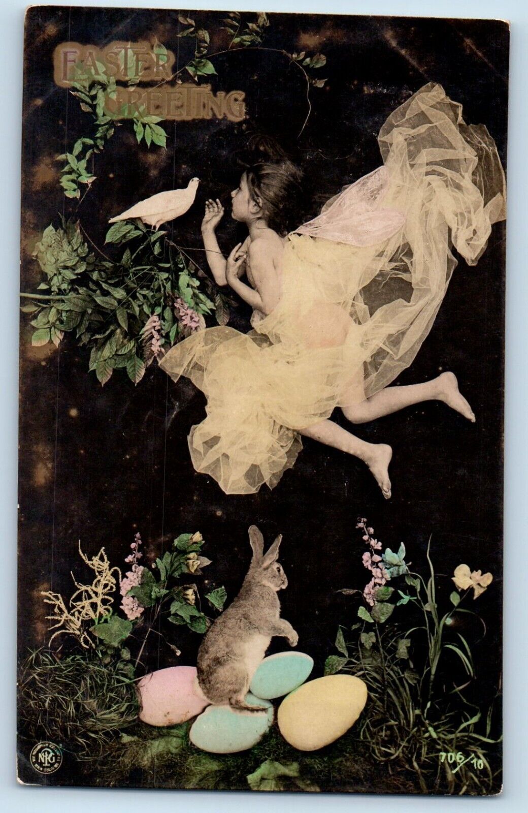 Easter Postcard RPPC Photo Greetings Little Girl Dove Rabbit Eggs c1910s Antique