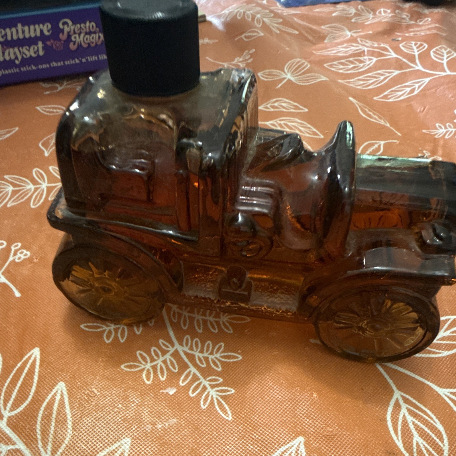 Avon Vintage Car-Shaped Collectible Amber Glass Perfume Bottle w/ Black Cap