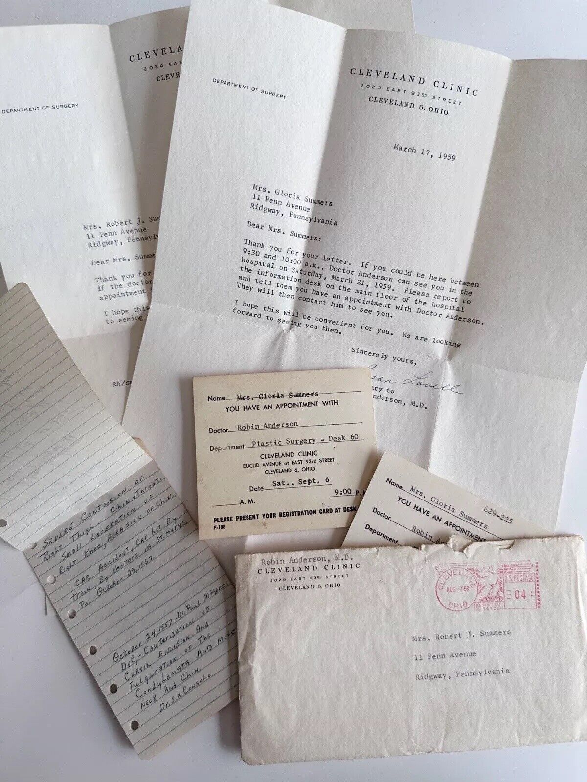 1959 Doctor-Patient Correspondence Plastic Surgeon After Car Accident Appt Ephem