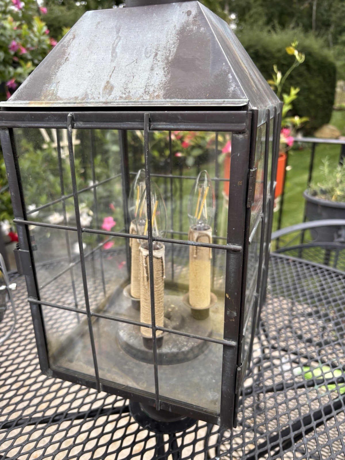 RARE Vintage Copper Lamp Post Rustic Glass Sides 3 Lights Untested