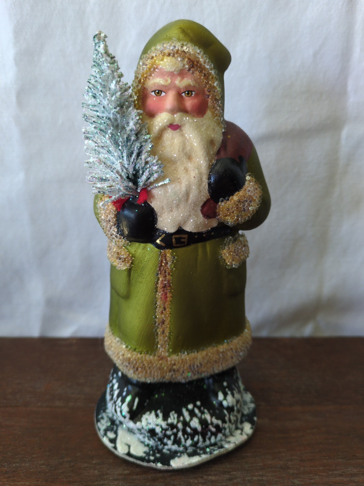 Ino Schaller Golden Green 7" Santa With Dark Red Sack