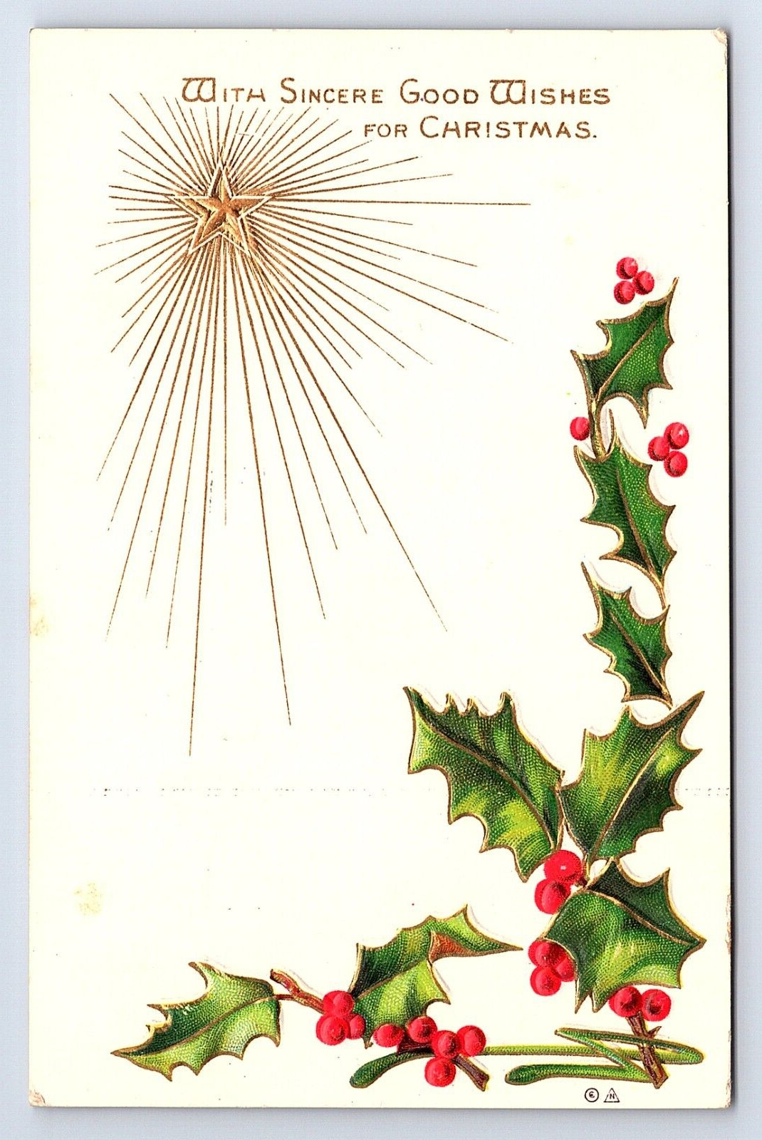 Postcard Sincere Good Wishes Christmas Holly Berries Leaves Star c.1911
