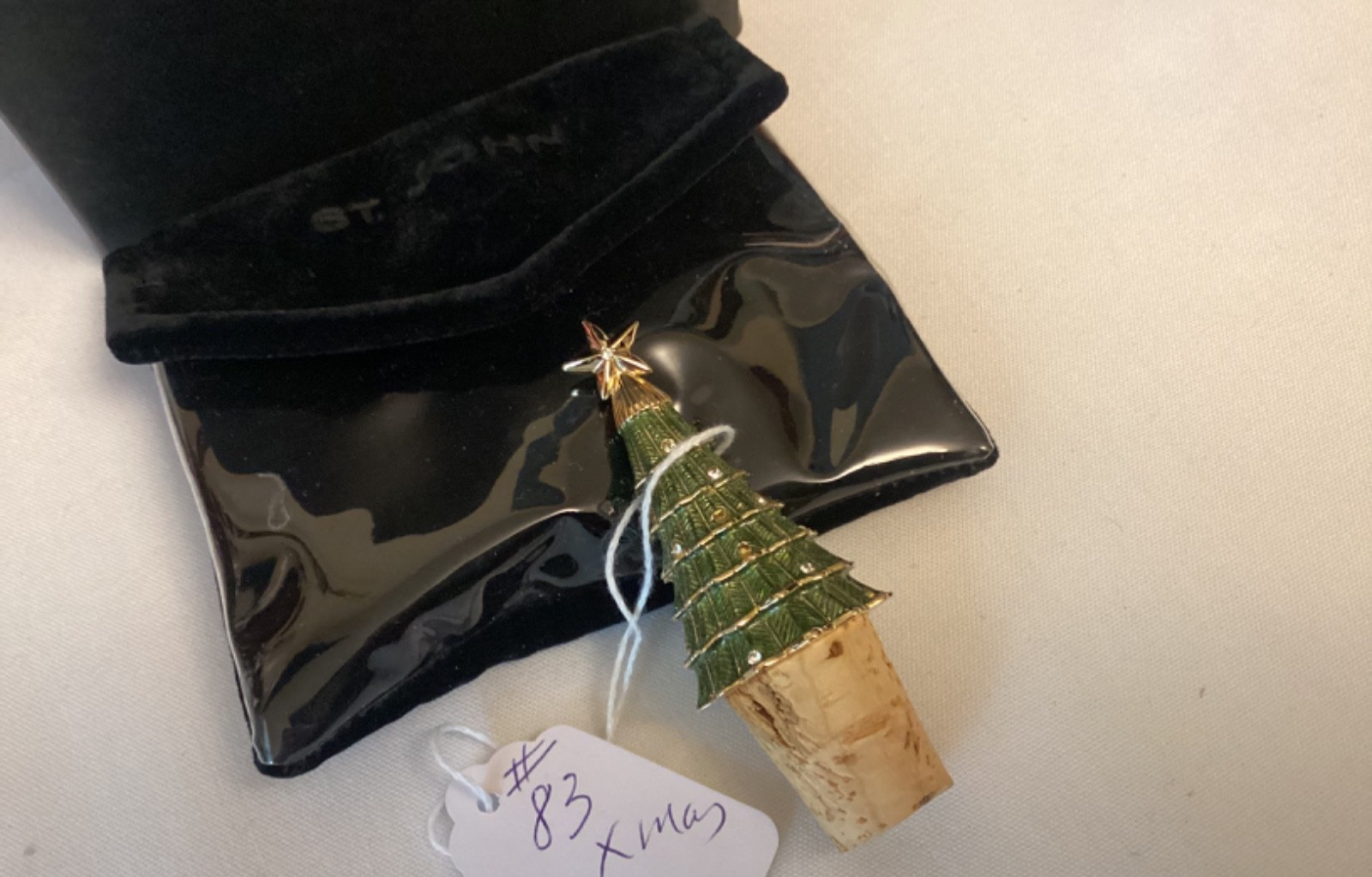 ST JOHN KNIT HOME CHRISTMAS TREE DECORATED BOTTLE STOPPER.