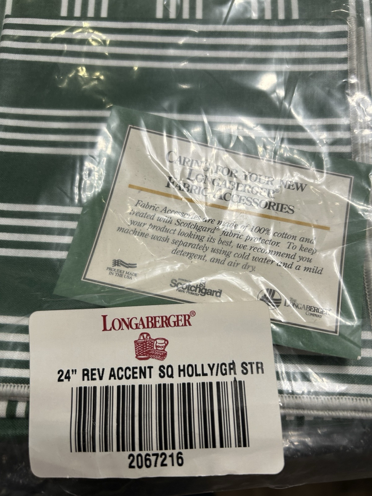 Longaberger Reversible Traditional Holly/Hunter Green Stripe 24" Fabric Square 