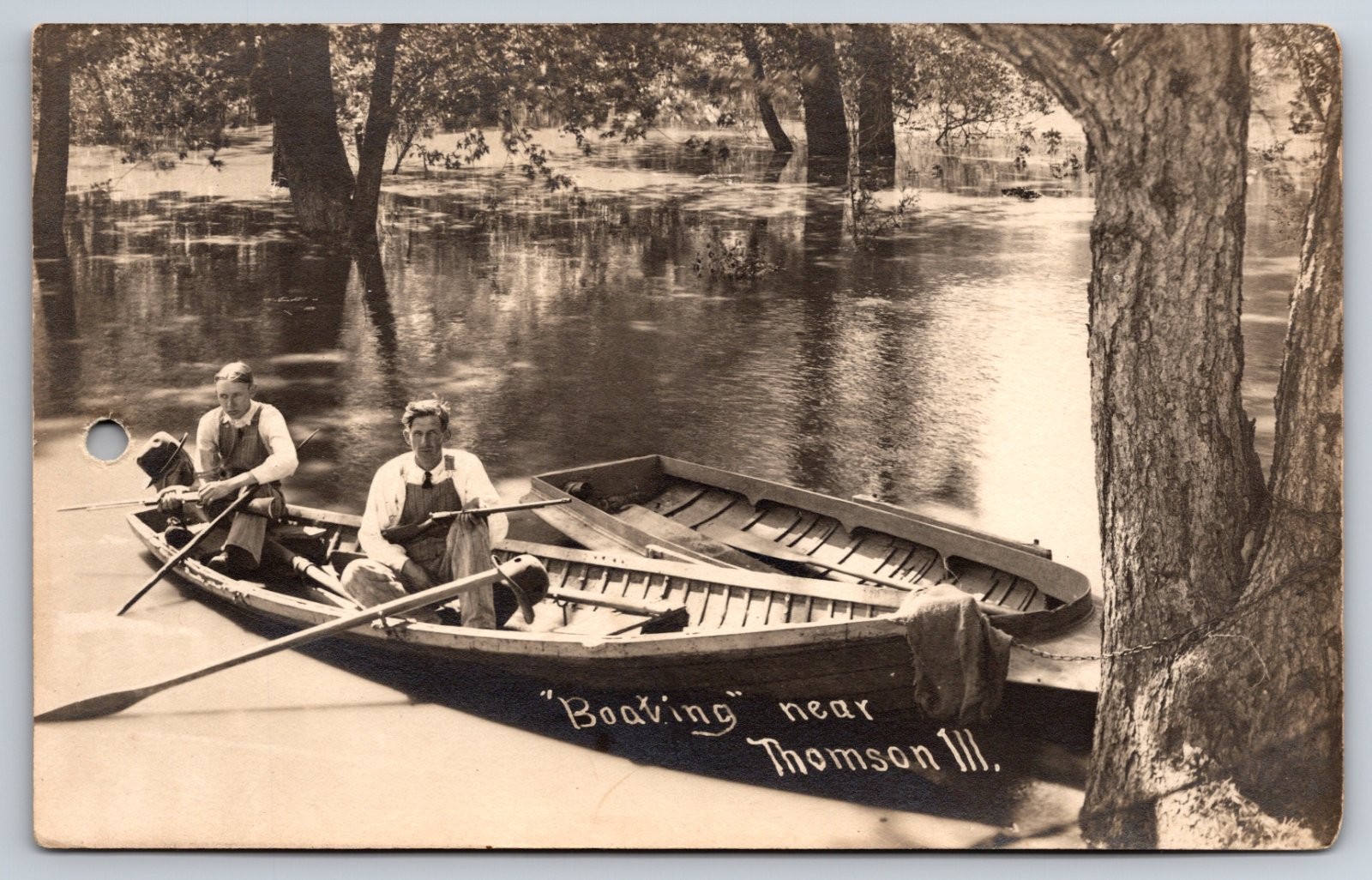 Thomson Illinois Boating Flood Men in Boats As-Is Hole Punch Real Photo RPPC