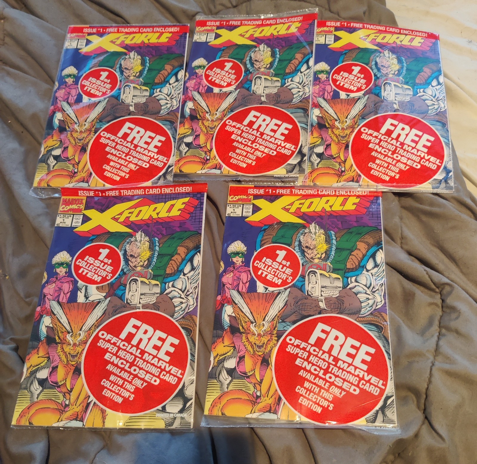 X-Force #1 1991  COMPLETE SET ALL 5 CARDS Sealed Polybags Marvel  Comic Deadpool