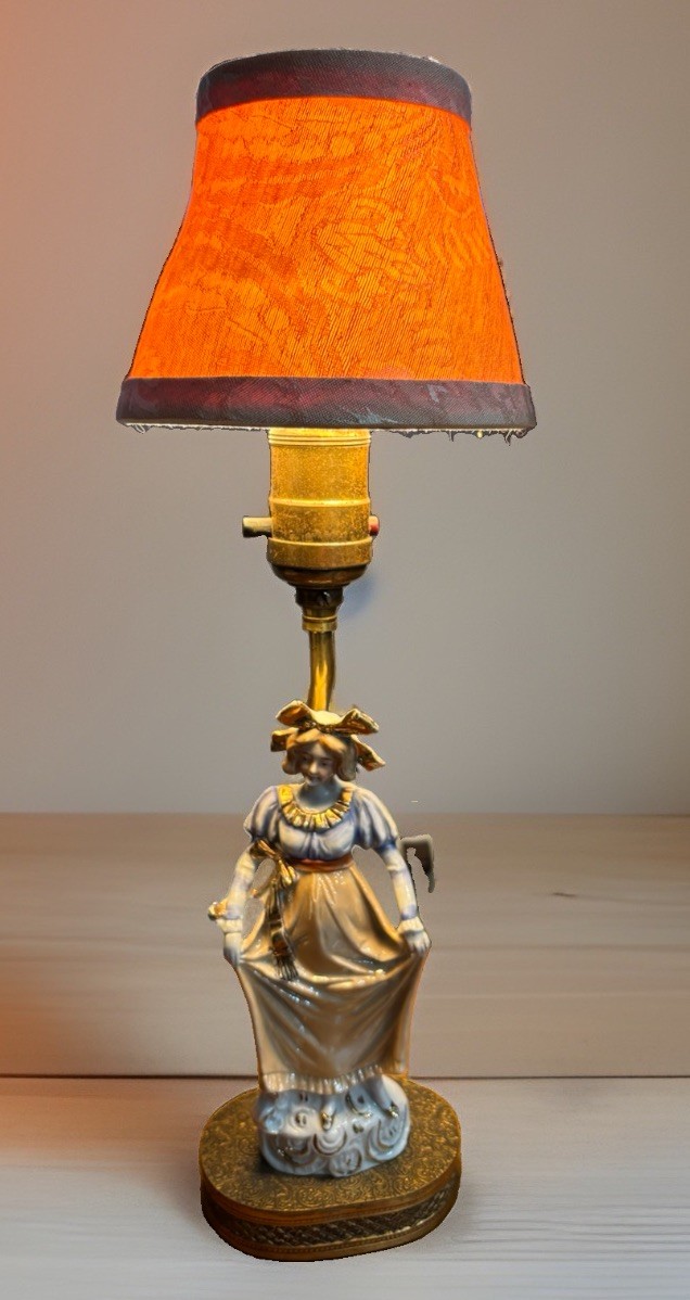 RARE Antique German Lady Porcelain Boudoir Lamp, Circa 1910 12” High.