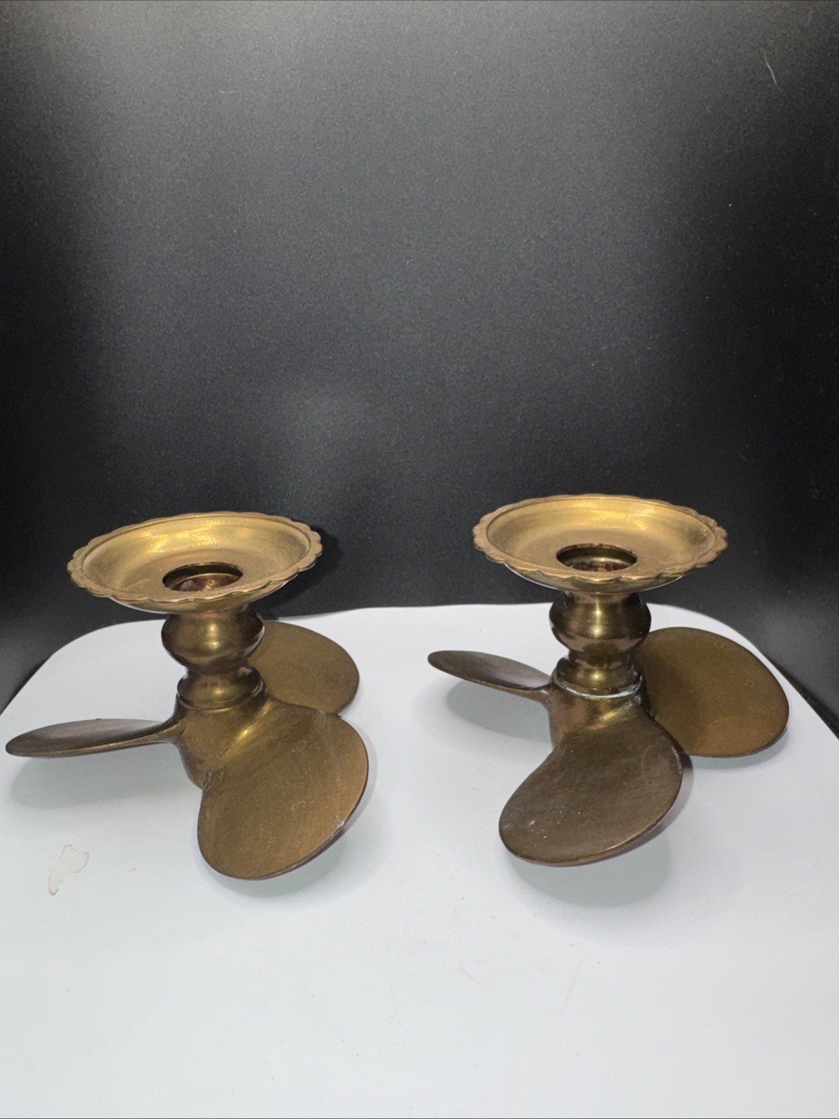 RARE Vintage of Solid Brass Nautical Propeller Candle Holders Set