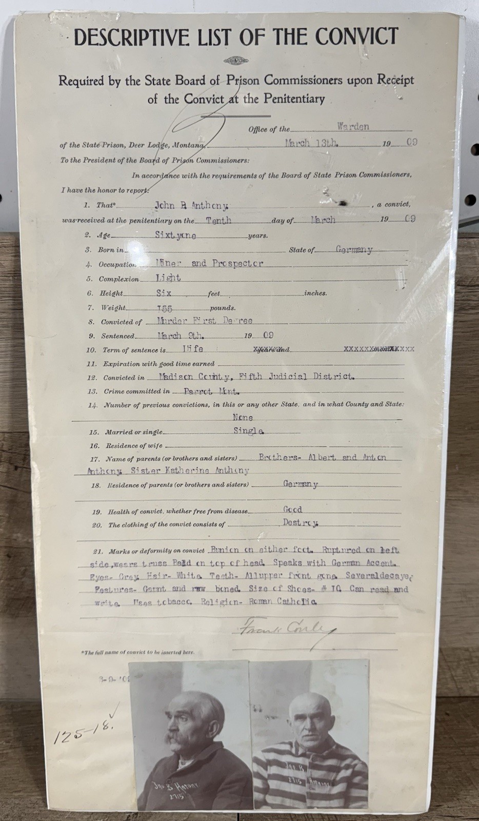 1909 Antique Montana State Prison Convict Intake Record Mugshots Life Sentence 