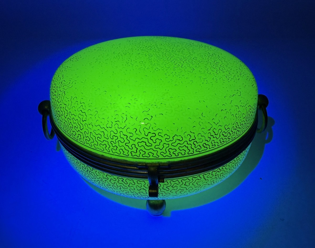 Antique French Opaline Uranium Glass Apple Green Roundl Double Handle Bronze Box