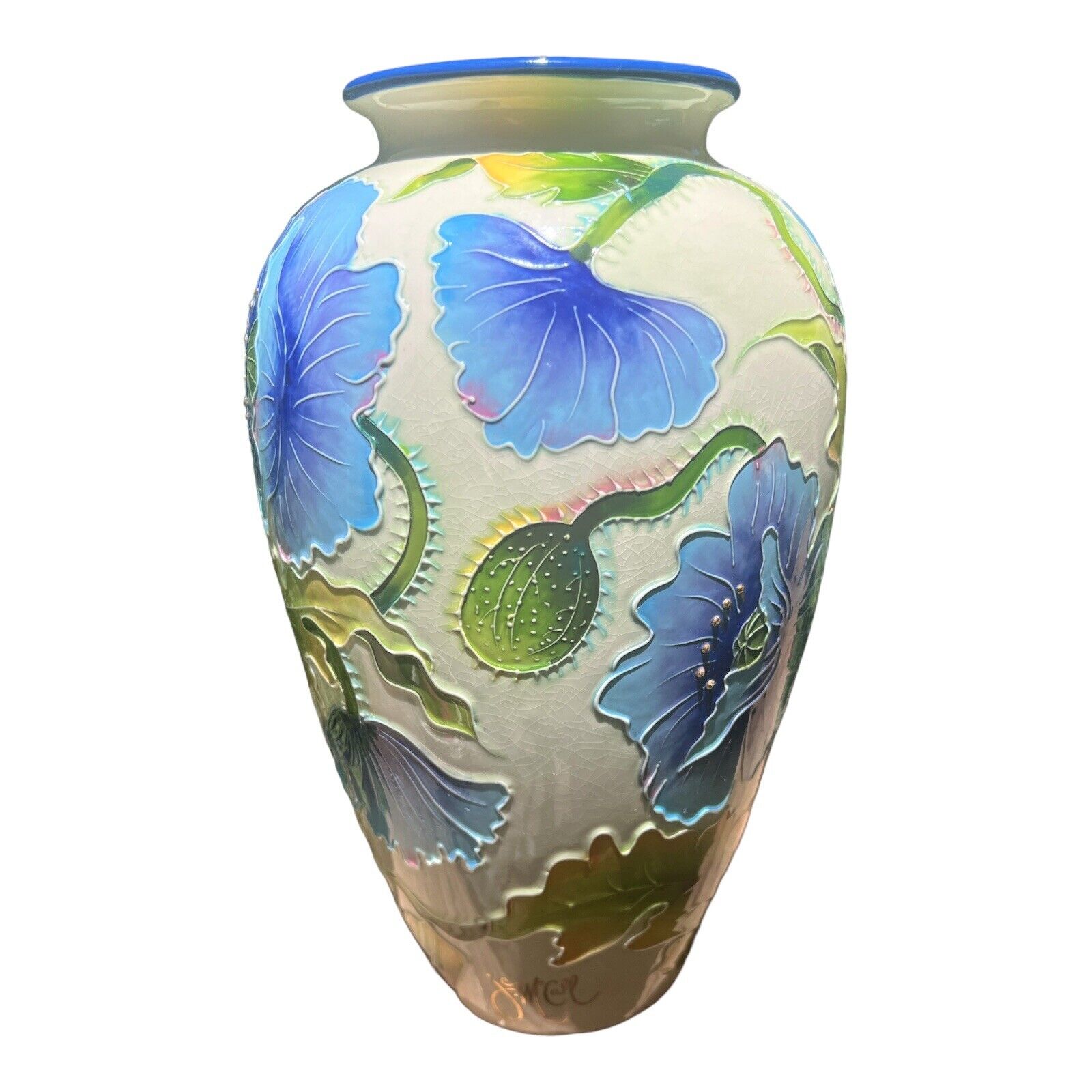 2004 Blue Skies Icing on the Cake Blue Poppy Vase J McCall Raised Relief Details