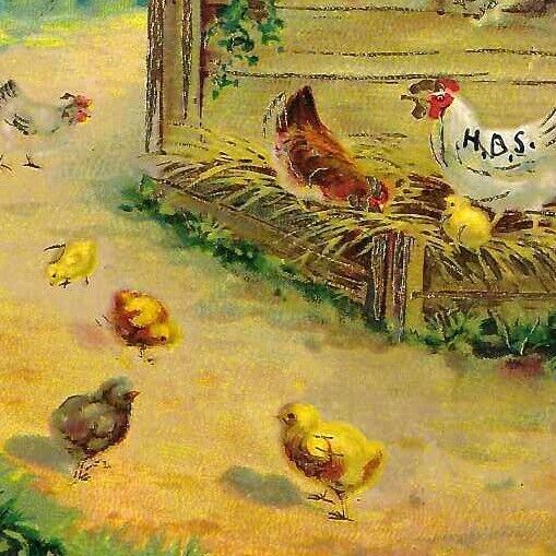 Vintage 1915 Easter Postcard Germany Saxony Golden Foil Chicks Chickens Farm