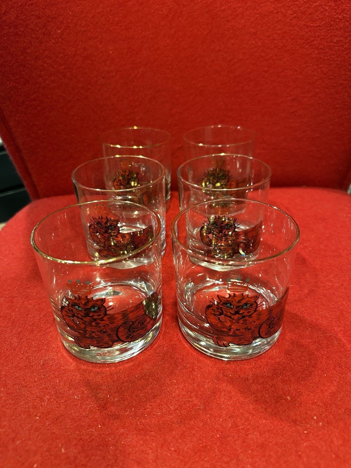 Rare VTG Couroc Monterey King Cat Lowball Glasses Set 6 MCM Cera Style MINT