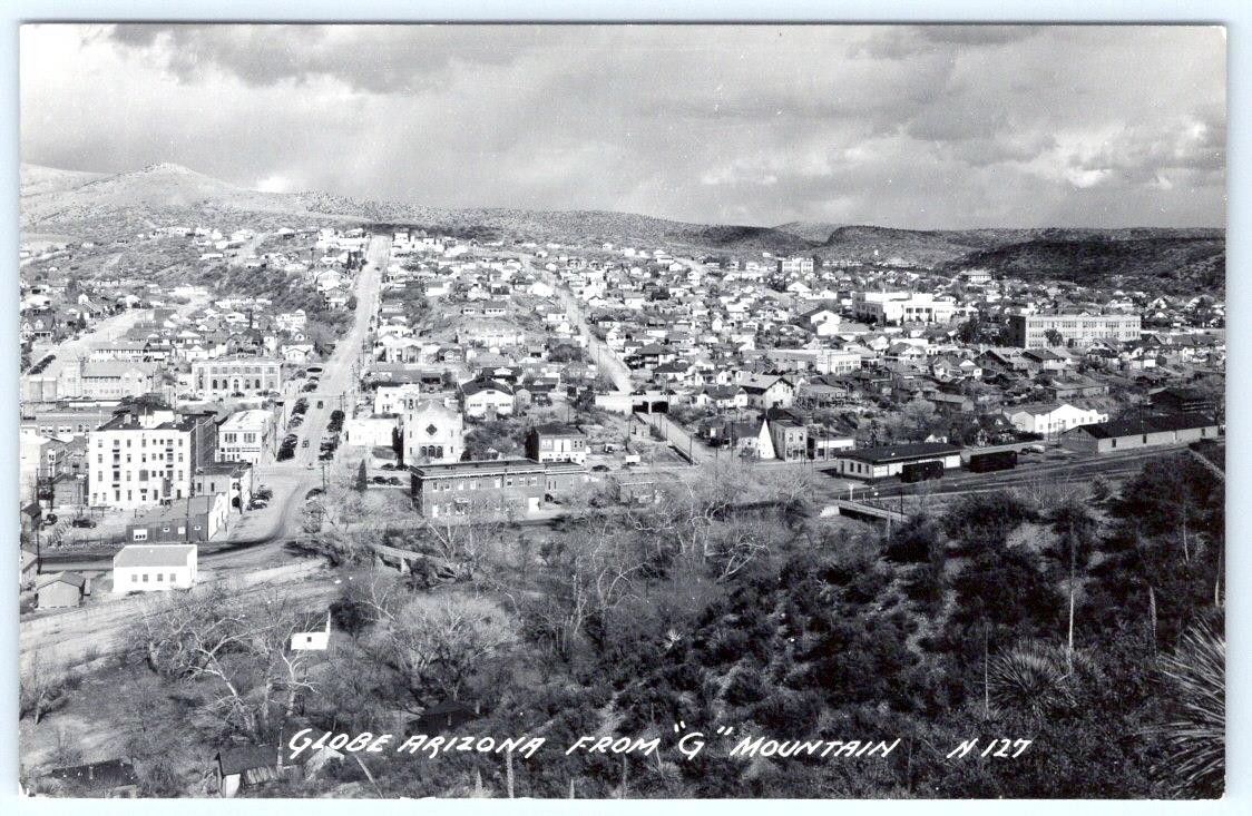 1930-50's RPPC GLOBE ARIZONA from G MOUNTAIN AERIAL VIEW REAL PHOTO POSTCARD