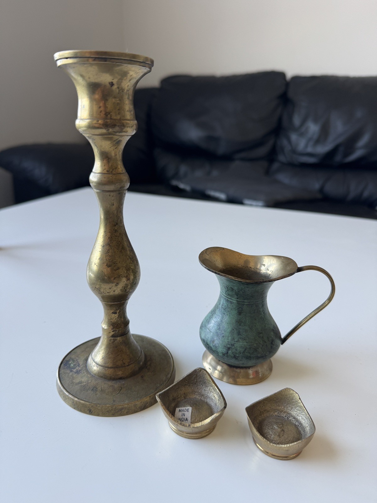 Vintage Solid Brass Lot of 4 – Candlestick Holder, Mini Pitcher & Small Bowls