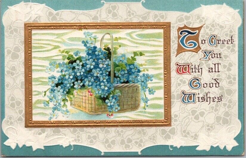 c1910s HAPPY BIRTHDAY Postcard Forget-Me-Not Flowers in Basket / B.B. London