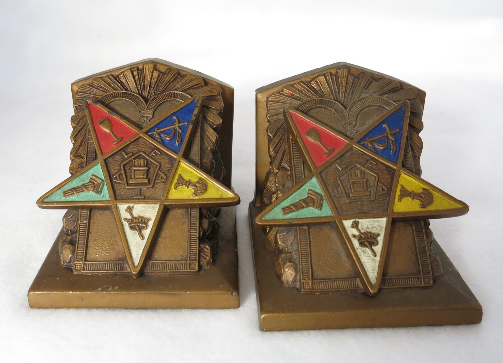 SIGNED 1922 LV ARONSON ORDER OF THE EASTERN STAR MASONIC BOOKENDS METAL ...
