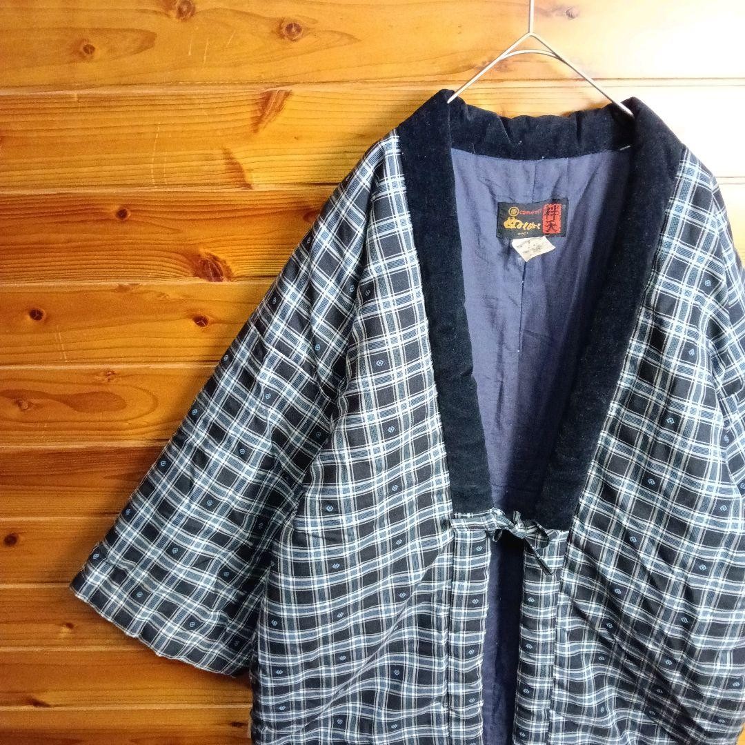 Japanese Hanten Padded Jacket Check Pattern Black Blue Wafuku