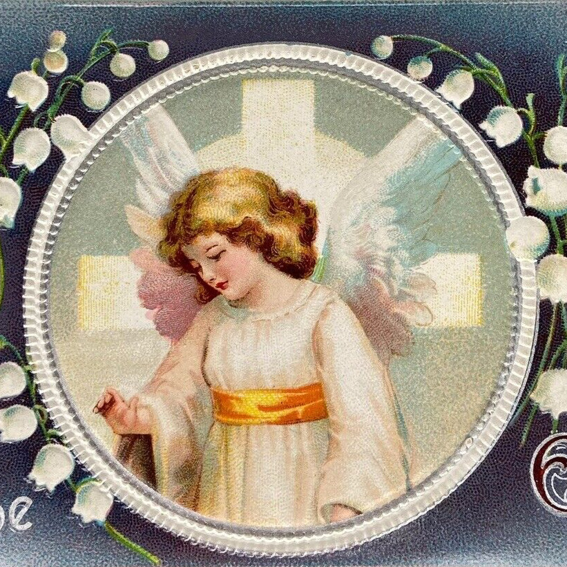 Postcard EASTER Holy be Thy Easter Angel Wings Flowers Embossed Germany c1910