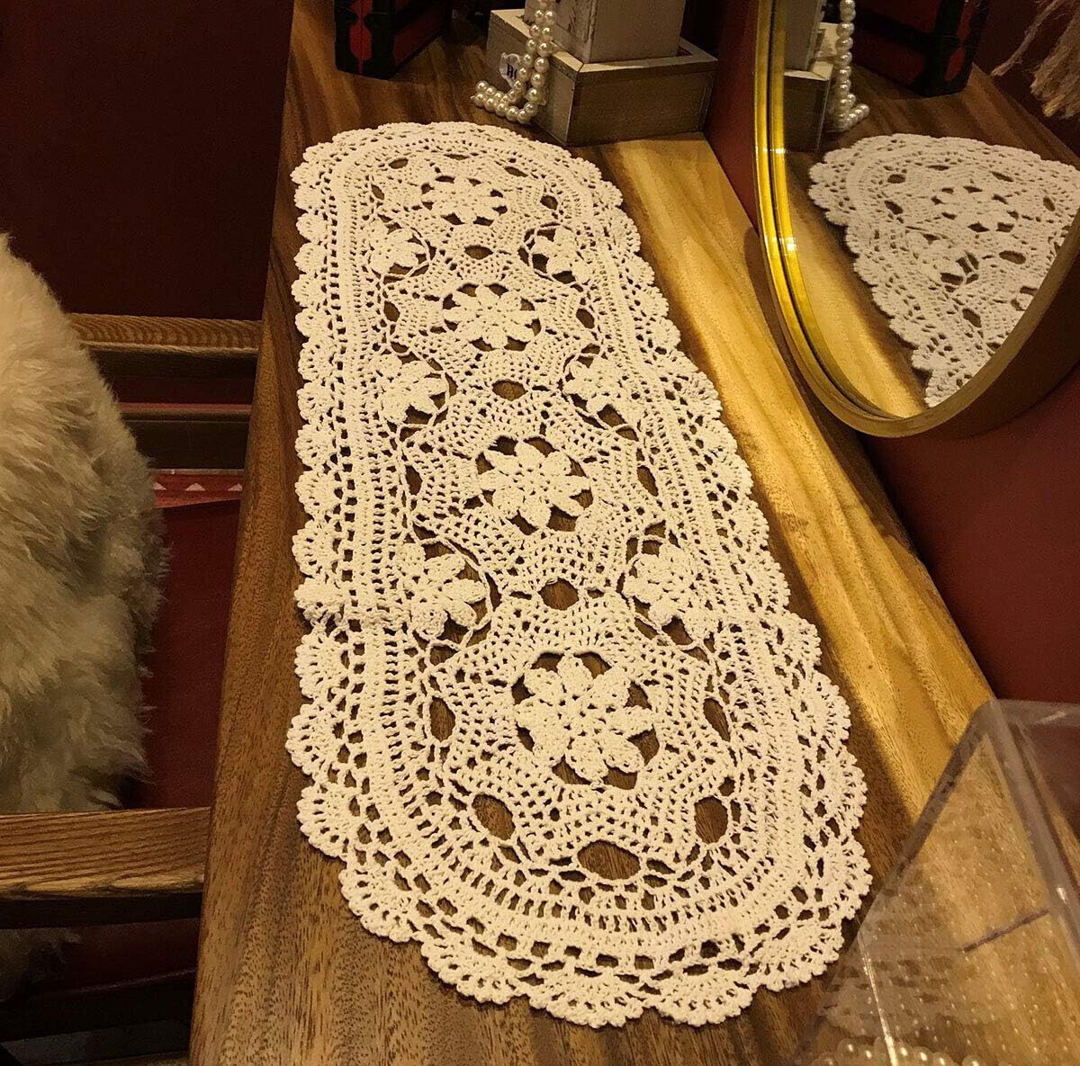 12"x40" Vintage Hand Crochet Lace Table Runner Dresser Scarf Oval Tablecloth